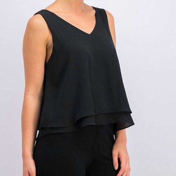 NWOT Signature8 Black Double Ruffle Hem V-Neck Tank Crop Top Women’s Size Large - Picture 2 of 13